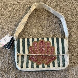 Beaded Striped Shoulder Bag with Pink Shell Appliqué